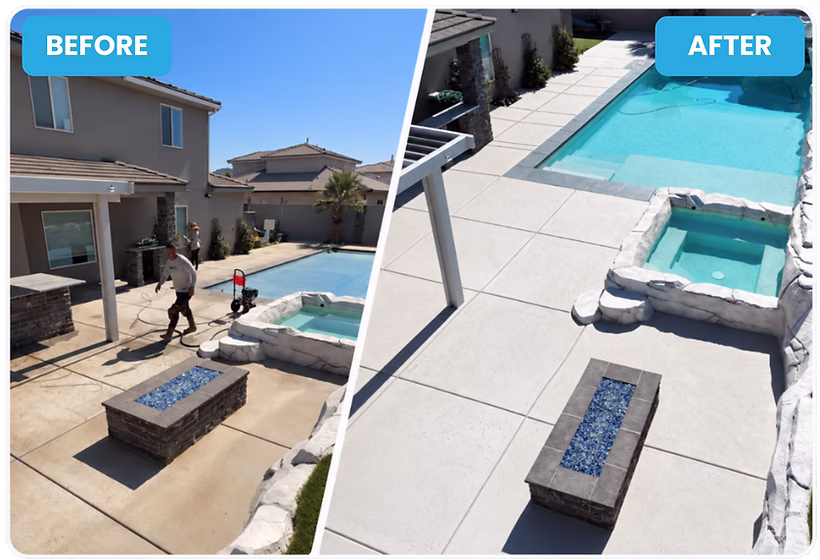 Before and after a St George Cool Decking concrete pool deck transformation